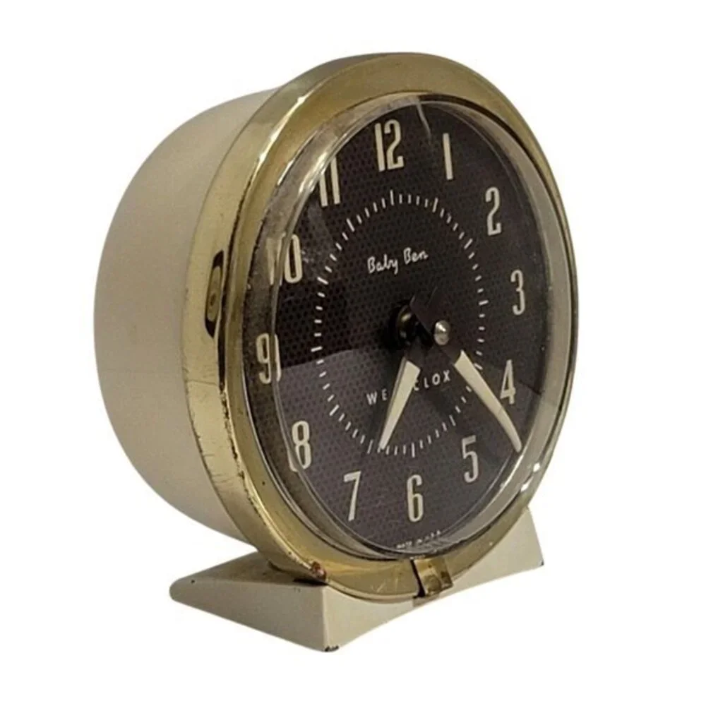 Vintage Westclox Baby Ben Alarm Clock Gold Trim Black Face
